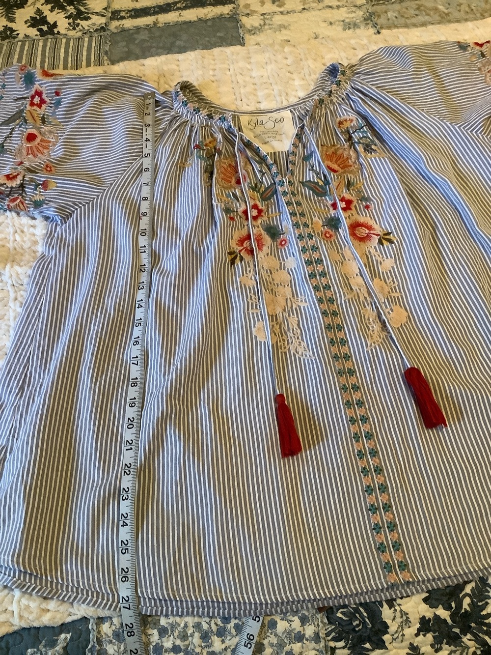 Blue Striped Embroidered Peasant Blouse with Red Tassels - Picture 14 of 14